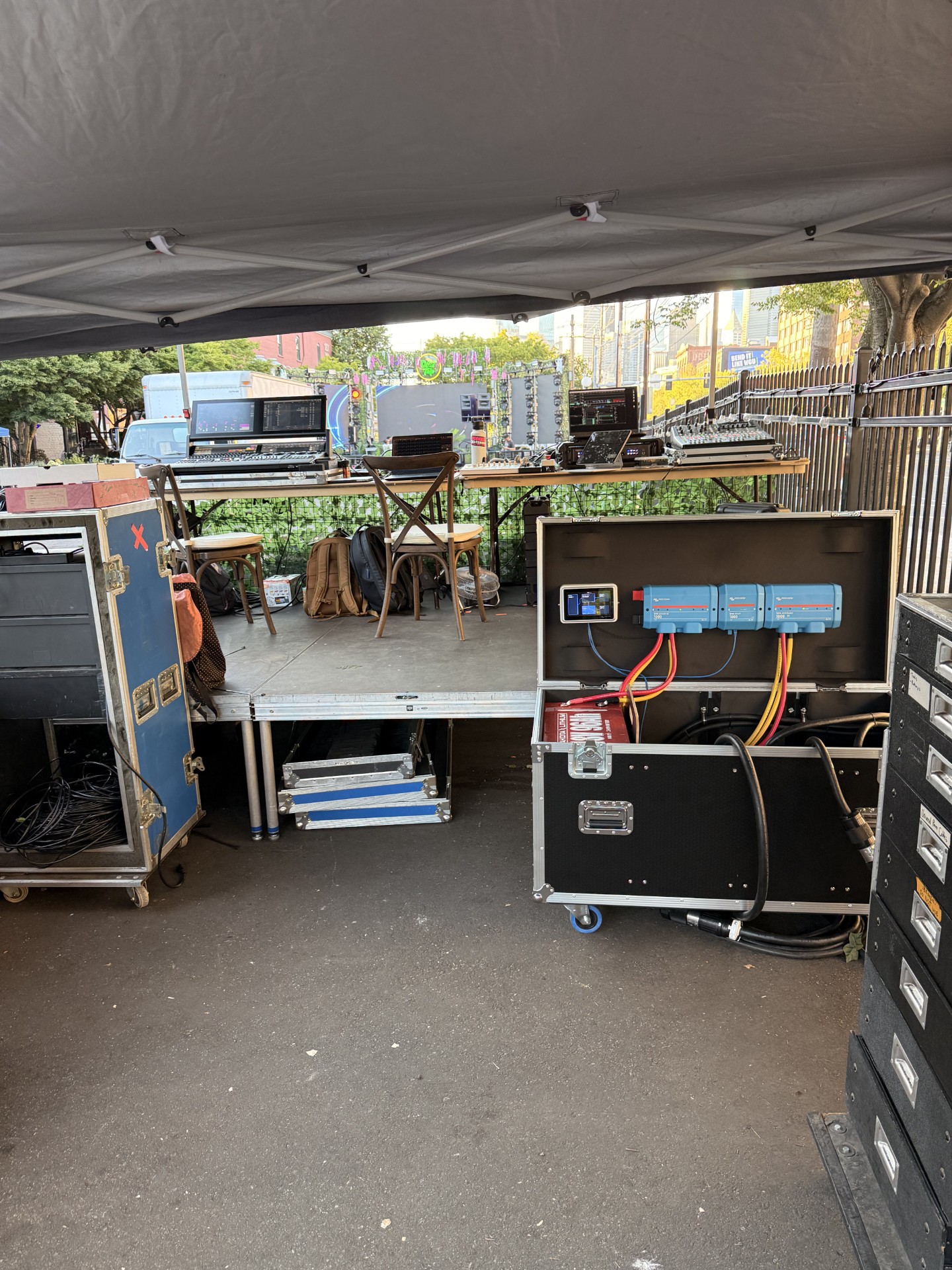 Roadie X road case powering a rooftop event, Victron Lynx distribution visible in the open lid