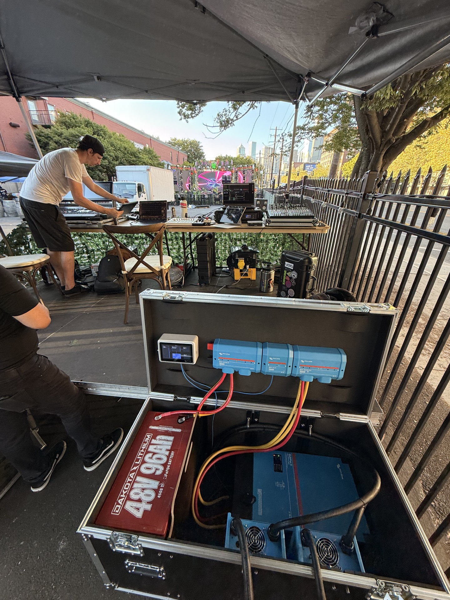 Roadie X road case set up front-of-house at an outdoor event, powering the sound rig